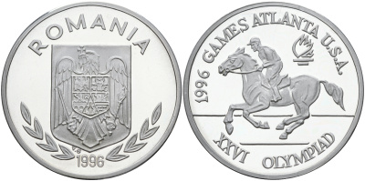 Румыния 100 леев 1996 XXVI Олимпийские игры 1996 года в Атланте, 100 лет Олимпийскому движению, скачки, пробный выпуск, пифорт KM PnE 315.1 алюминий  PROOF  1525-1235