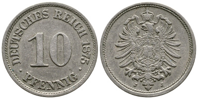 ГЕРМАНИЯ 10 ПФЕННИГОВ 1875 J, СТАРОГЕРБОВКА KM 4, J. 4 медно-никель 4364-253
