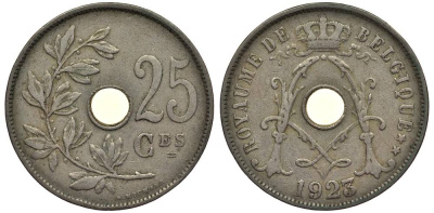 Бельгия 25 сантимов 1923 Belgique, Альберт I (1909-1934) KM 68.1 медно-никель 27-924