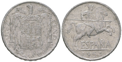 Испания 10 сентимо 1953 рыцарь (всадник) на коне, Франсиско Франко (1939-1975) KM 766 алюминий 4612-1116