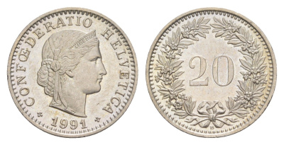 Швейцария 20 раппенов 1991 B KM 29a медно-никель UNC 4623-515