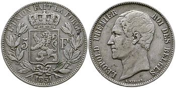 Бельгия 5 франков 1851 Леопольд I (1831-1865) KM 17 серебро 00-1067-3-62