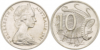 Австралия 10 центов 1981 Елизавета II (1952-), птица лирахвост KM 65 медно-никель UNC 4539-1117