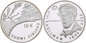 Финляндия 10 евро 2006 200 лет со дня рождения Йохана Снелльмана, философ KM 124 серебро PROOF 11-040-15