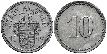 АЛЬСФЕЛЬД 10 ПФЕННИГОВ 1917 НОТГЕЛЬД, ЗЕМЛЯ ГЕССЕН цинк 75-1523