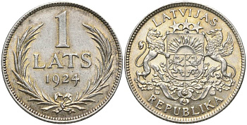 Латвия 1 лат 1924 Первая республика (1918-1939) KM 7 серебро 27-1232