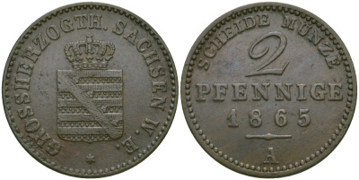 Саксен-Веймар-Эйзенах 2 пфеннига 1865 А, Карл Александр (1853-1901) KM 90, Jaeger 534, AKS 36 медь    65-551