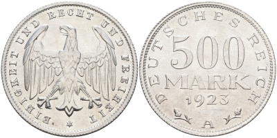 Германия 500 марок 1923 А KM 36, J.305 алюминий UNC 4587-413