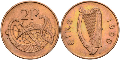 Ирландия 2 пенсов 1990 Виньетка в виде стилизованной птицы из второй библии Карла II Лысого KM 21a бронза 4140-313