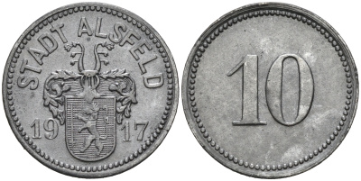 АЛЬСФЕЛЬД 10 ПФЕННИГОВ 1917 НОТГЕЛЬД, ЗЕМЛЯ ГЕССЕН цинк 75-1523