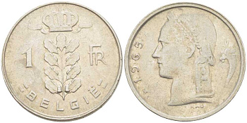 БЕЛЬГИЯ 1 ФРАНК 1965 BELGIE, БОДУЭН I (1951-1993) KM 143.1 медно-никель 213-334