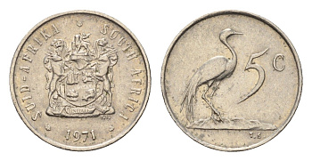 ЮАР 5 центов 1971 герб, райский журавль KM 84 никель 4643-216