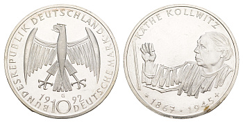 Германия 10 марок 1992 G, 125 лет со дня рождения Кете Кольвиц KM 178 серебро UNC 4634-1016