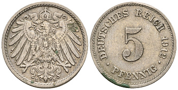 Германия 5 пфеннигов 1912 E, KM 11, J. 12 медно-никель 220-613