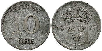 Швеция 10 эре 1935 G, Густав V (1907-1950) КМ 780 серебро 201-1111
