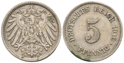 Германия 5 пфеннигов 1912 E, KM 11, J. 12 медно-никель 220-613