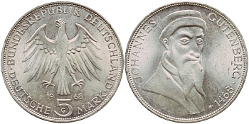 ФРГ 5 марок 1968 G, 500 лет со дня смерти Иоганна Гутенберга KM 122, J. 397 серебро aUNC 1529-144