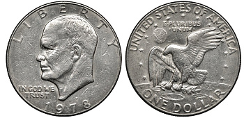 США 1 доллар 1978 D, Президент Эйзенхауэр, лунный орел KM А203 медь плакированная медно-никелем 4558-1212