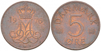 Дания 5 эре 1976 S; B, Маргрете II (1972- ) KM 859.1 железо плакированное медью 3309-124