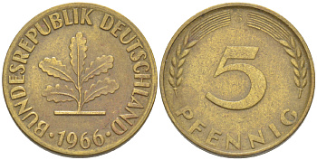 ФРГ 5 ПФЕННИГОВ 1966 G KM 107, J. 382 сталь плакированная латунью 4181-913