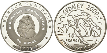 Конго 10 франков 1999 XXVII олимпийские игры в Сиднее, прыжки в воду KM 23 серебро PROOF 00-00
