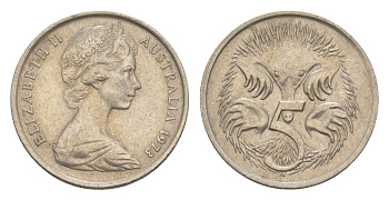 Австралия 5 центов 1973 Елизавета II (1952-2022) молодой портрет, ехидна KM 64 медно-никель 4151-1225