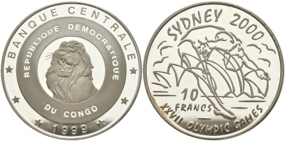 Конго 10 франков 1999 XXVII олимпийские игры в Сиднее, прыжки в воду KM 23 серебро PROOF 04-319-31