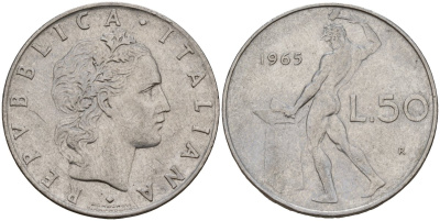 Италия 50 лир 1965 R, бог Вулкан у наковальни KM 95.1 нержавеющая сталь 4156-727