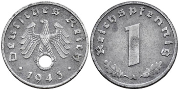 ГЕРМАНИЯ 1 РЕЙХСПФЕННИГ 1943 A KM 97, J. 369 цинк 4547-238