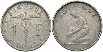 Бельгия 1 франк 1923 Belgique, Альберт I (1909-1934) KM 89 никель 51-1942