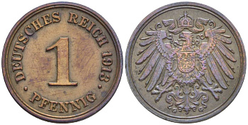 ГЕРМАНИЯ 1 ПФЕННИГ 1913 G KM 10, Jager. 10, Weege 2 медь 4528-715