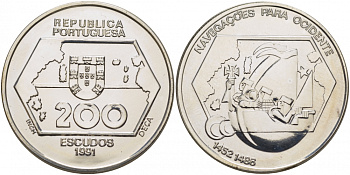 Португалия 200 эскудо 1991 походы на запад (1452-1498) KM 659а серебро UNC 1098-5-63