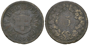Швейцария 5 раппенов 1850 BB KM 5 серебро 4615-522