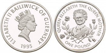 Гернси 1 фунт 1995 Королева Елизавета, королева мать KM 77 серебро PROOF 02-117-21