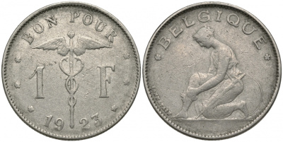 Бельгия 1 франк 1923 Belgique, Альберт I (1909-1934) KM 89 никель 51-1942