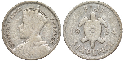 Фиджи 6 пенсов 1934 Георг V (1910-1936), черепаха KM 3 серебро    4606-112