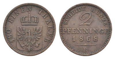 Пруссия 2 пфеннига 1868 B, Вильгельм I (1861-1888) KM 481, Jaeger 51, AKS 107, Olding 425 медь 4651-321