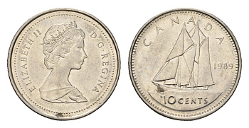Канада 10 центов 1989 Елизавета II (1952-2022), парусник KM 77 никель 4689-559