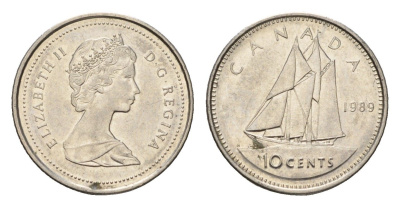 Канада 10 центов 1989 Елизавета II (1952-2022), парусник KM 77 никель 4689-559
