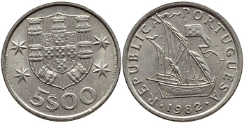 ПОРТУГАЛИЯ 5 ЭСКУДО 1982 ПАРУСНИК KM 591 медно-никель 4395-916