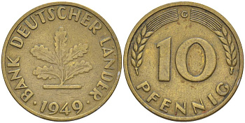 ФРГ 10 ПФЕННИГОВ 1949 G KM 103, J. 378 сталь плакированная латунью 219-422
