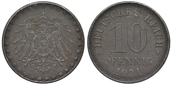 Германия 10 пфеннигов 1921 A KM 20, J. 298 железо 4119-236