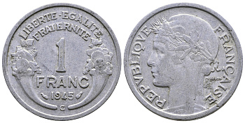ФРАНЦИЯ 1 ФРАНК 1945 С KM 885а.3 алюминий 51-3326