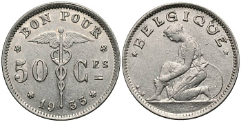 БЕЛЬГИЯ 50 САНТИМОВ 1933 BELGIQUE, АЛЬБЕРТ I (1909-1934) KM 87 никель 27-123