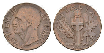 Италия 10 чентезимо 1939 KM 74 медь 4617-513