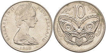 Новая Зеландия 10 центов 1980 Елизавета II (1952-2022), маска маори KM 41.1 медно-никель 94-451