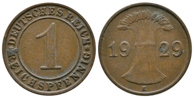 ГЕРМАНИЯ 1 РЕЙХСПФЕННИГ 1929 E KM 37, J. 313 бронза 4380-1159