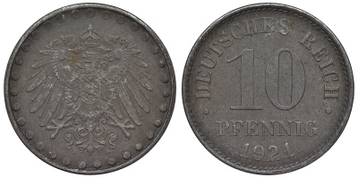 Германия 10 пфеннигов 1921 A KM 20, J. 298 железо 4119-236