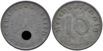 ГЕРМАНИЯ 10 РЕЙХСПФЕННИГОВ 1941 D KM 101, J. 371 цинк 4401-736