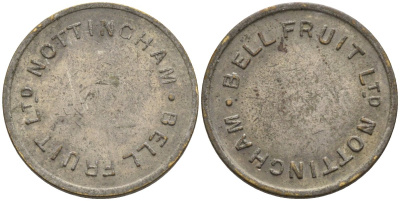 Англия игровой жетон ND BELL FRUIT, Ltd NOTTINGHAM, диаметр 18,5 мм. белый металл 4585-662